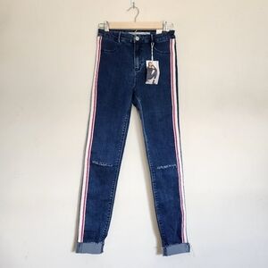 Zara High-Rise Racer Stripe Frayed Raw Hem Jeans size 6 NWT